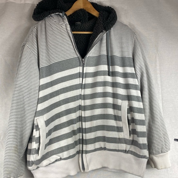 OP OCEAN PACIFIC MENS JACKET L GRAY STRIPE SHERPA FLEECE HOODIE ZIP SWEATSHIRT - Picture 1 of 10